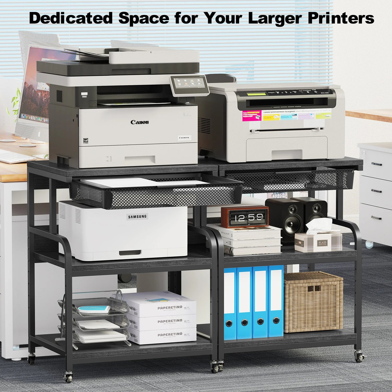 Large Printer Stand w/ Drawer, 5-Adjustable Heights 3 Tier Table w/ Wheels,Printer Cart for Printer Scanner Fax Home Office Use