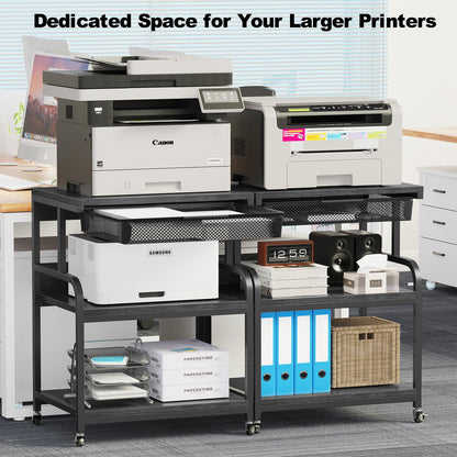 Large Printer Stand w/ Drawer, 5-Adjustable Heights 3 Tier Table w/ Wheels,Printer Cart for Printer Scanner Fax Home Office Use