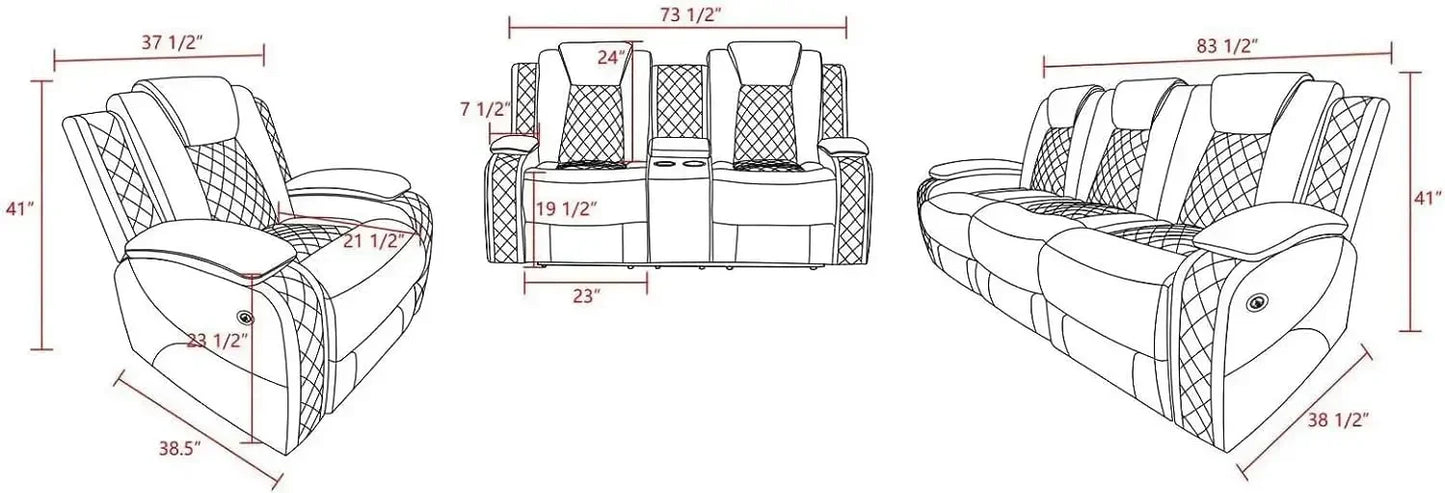 Multifunction Power Air Leather Recliner Sofa Set with LED Lights, Living Room Furniture, Reclining Sofa, loveseat, Chair with