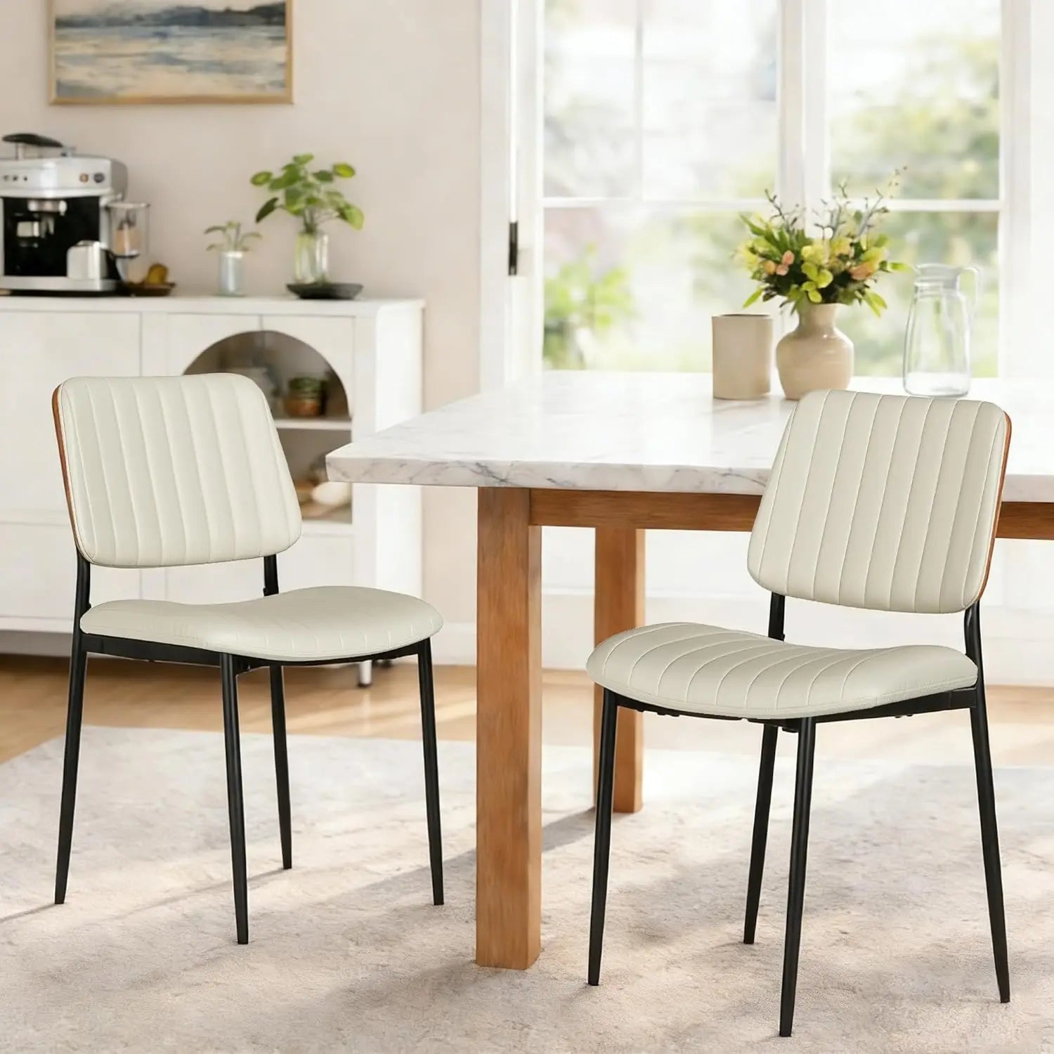 Mid Century Modern Kitchen Chairs Set of 2, PU Leather Upholstered Dining Chairs with Walnut Bentwood Back, Sturdy, Customized