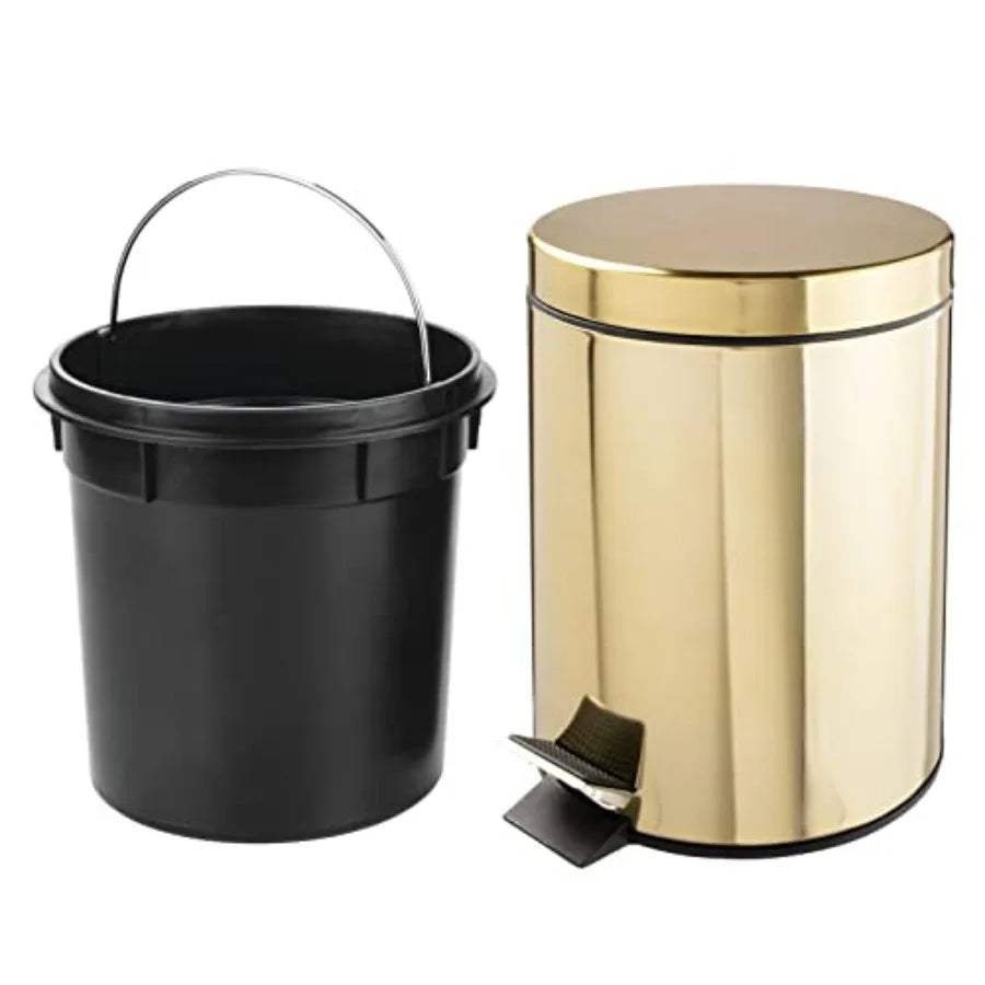 Metal Steel/Plastic Toilet Bowl Brush Holder and Round 1.3 Gallon 5L Step Trash Can Combo Set for Bathroom with Brass Finish fo