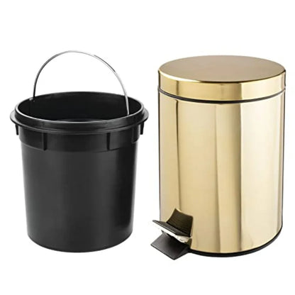 Metal Steel/Plastic Toilet Bowl Brush Holder and Round 1.3 Gallon 5L Step Trash Can Combo Set for Bathroom with Brass Finish fo