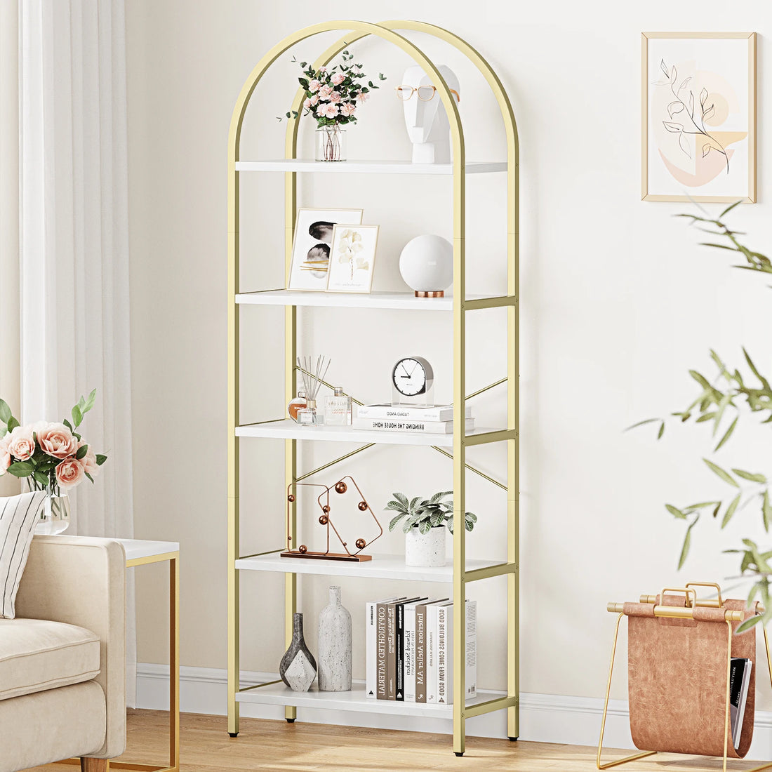 Five Tier Arched Display Bookshelf With Metal Frame