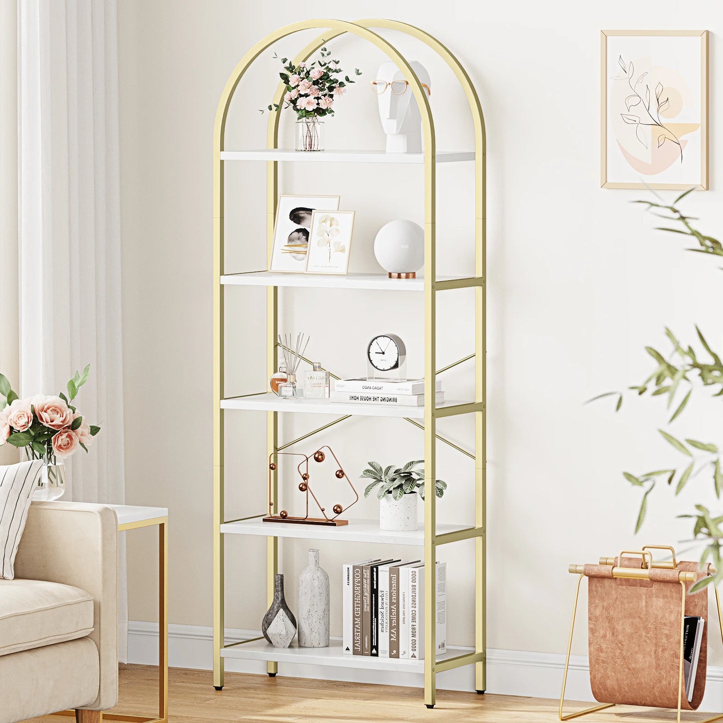Five Tier Arched Display Bookshelf With Metal Frame