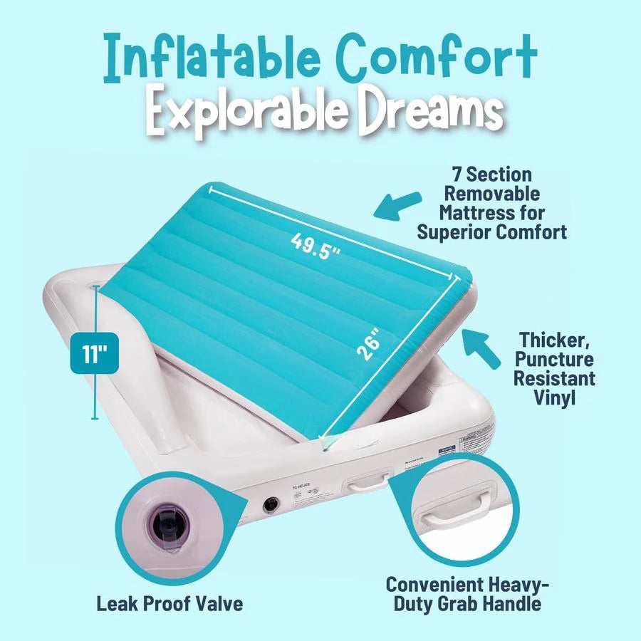 Inflatable Toddler Travel Bed, Electric Pump, Leakproof Air Mattress, Bumpers, Carry Case, Pillow Fits Kids Up to 4ft Blue Porta