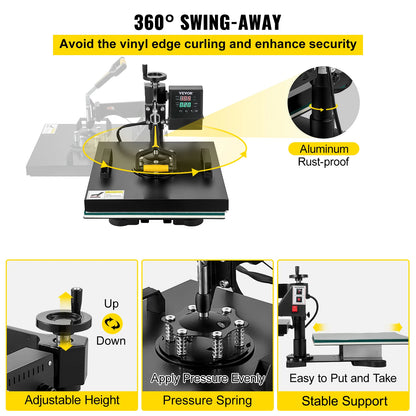 SucceBuy 2In1 Heat Press Machine 38*38CM Multifunctional 360° Swing-Away Digital Sublimation Printer Transfer DIY T-shirt Cap