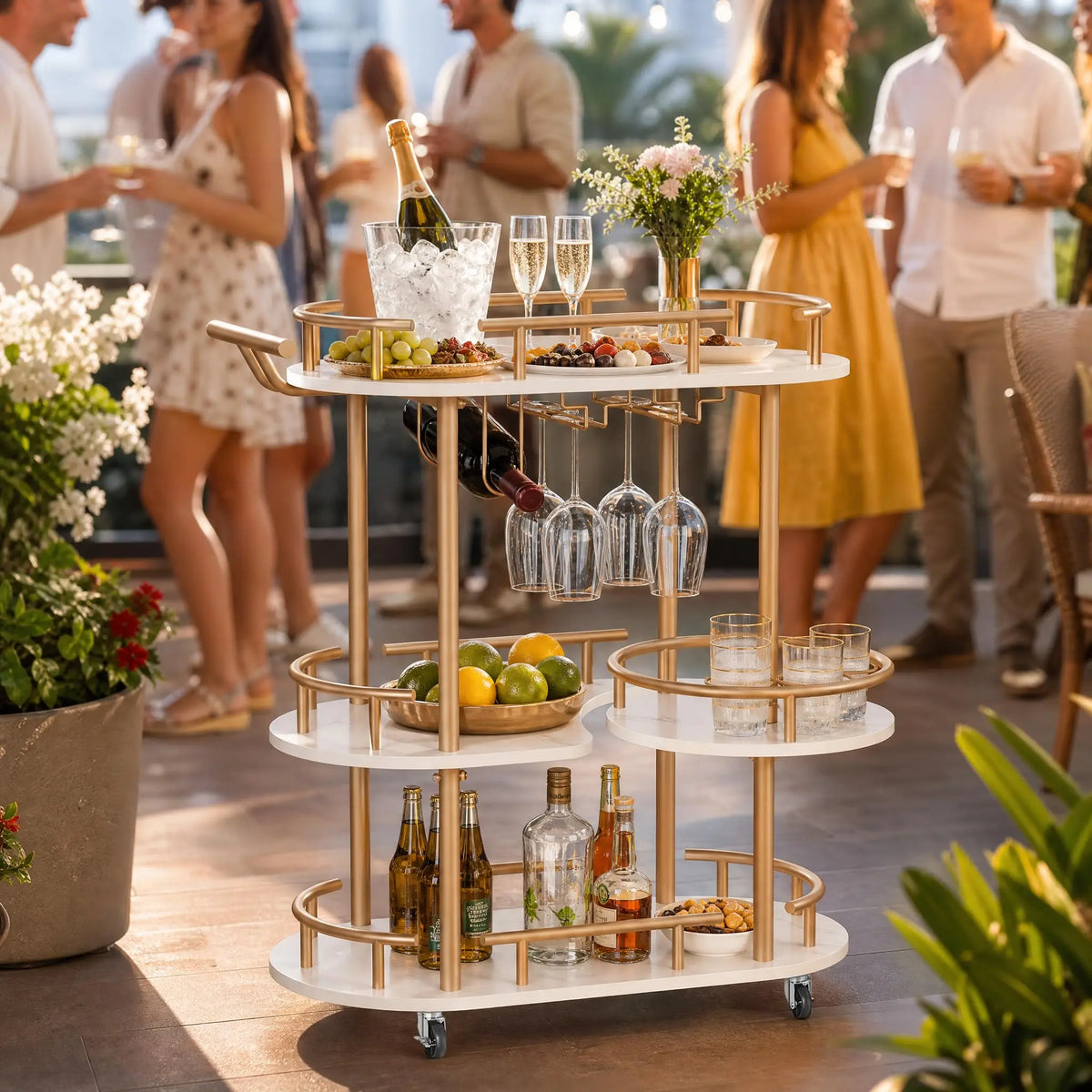 3 Tier Rolling Bar Cart With Wine Rack &amp; Glass Holder, Metal Kitchen Coffee Cart On Wheels, Mobile Serving Cart For Dining Room