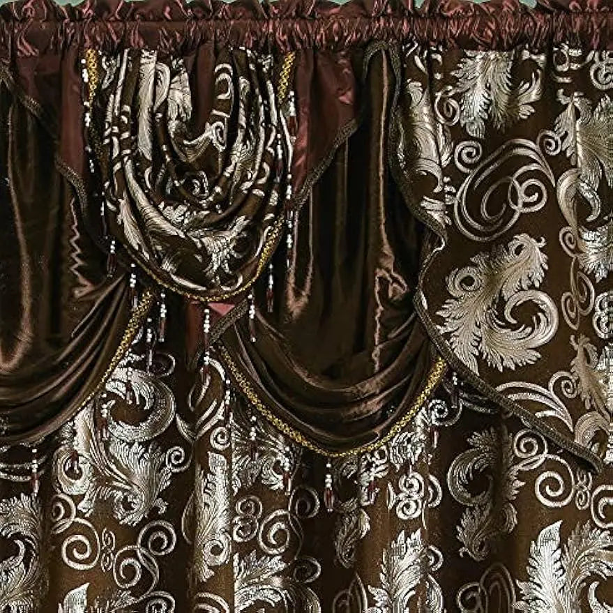 Luxury Jacquard Window Curtain Set with Valance, Brown 2 Panels 55x84 inches for Bedroom Living Room Dining