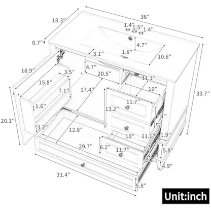 36 inch freestanding bathroom vanity with integrated ceramic sink, solid pine frame and MDF doors, three graduated drawers plus