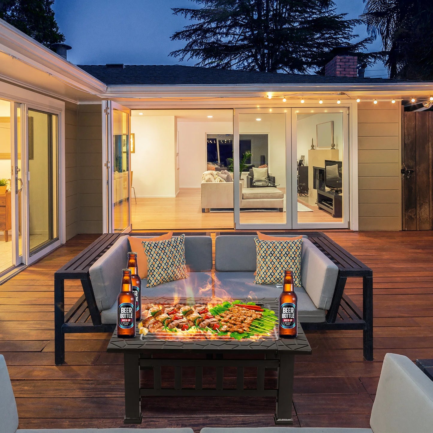 AOOU Steel Fire Pits for Outside, 32'' Square Wood Burning Fire Pit Table, Outdoor Patio BBQ Firepit Bonfire Party