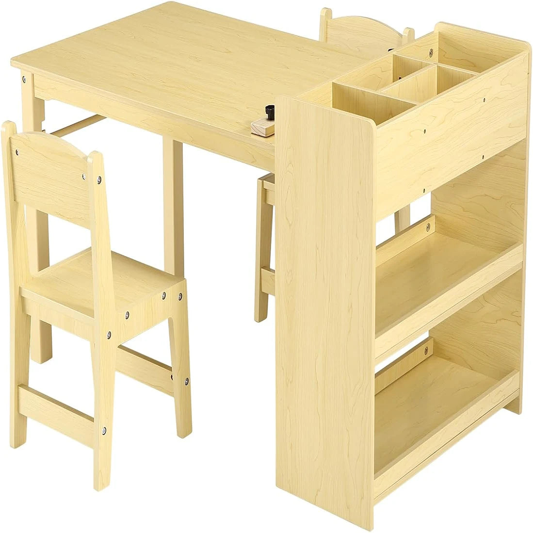 Kids Art Table with 2 Chairs, Toddler Craft Play Wood Activity Desk with Large Storage Shelves for Children&