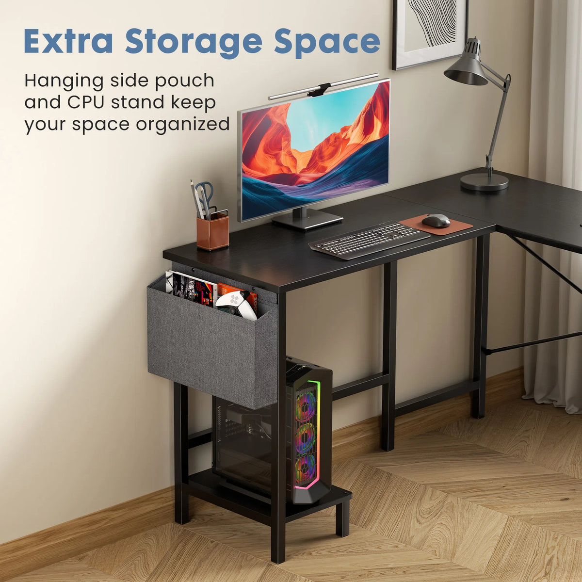 MCQ L Shaped Computer Desk with Storage and Side Hook
