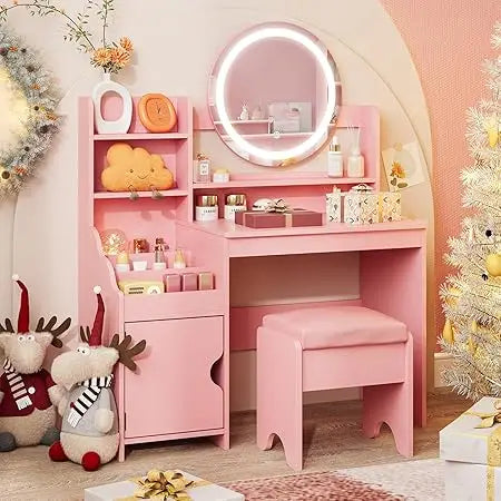 Kids Vanity with Lights, Princess Makeup Vanity Desk with Open Bookshelf, Storage Cabinet &amp; Shelves, Toddler Vanity Tabl