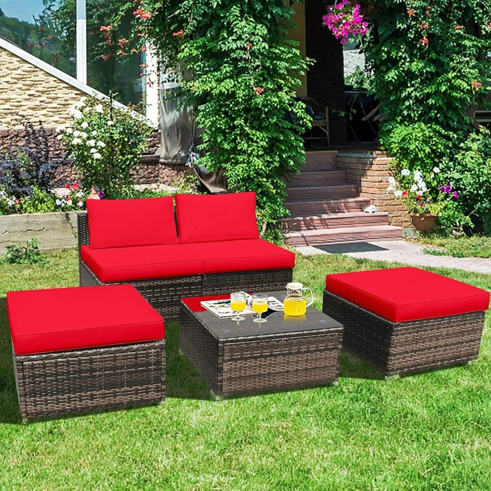 Outdoor Rattan Wicker 5 Piece Chaise Lounge Set With Ottoman