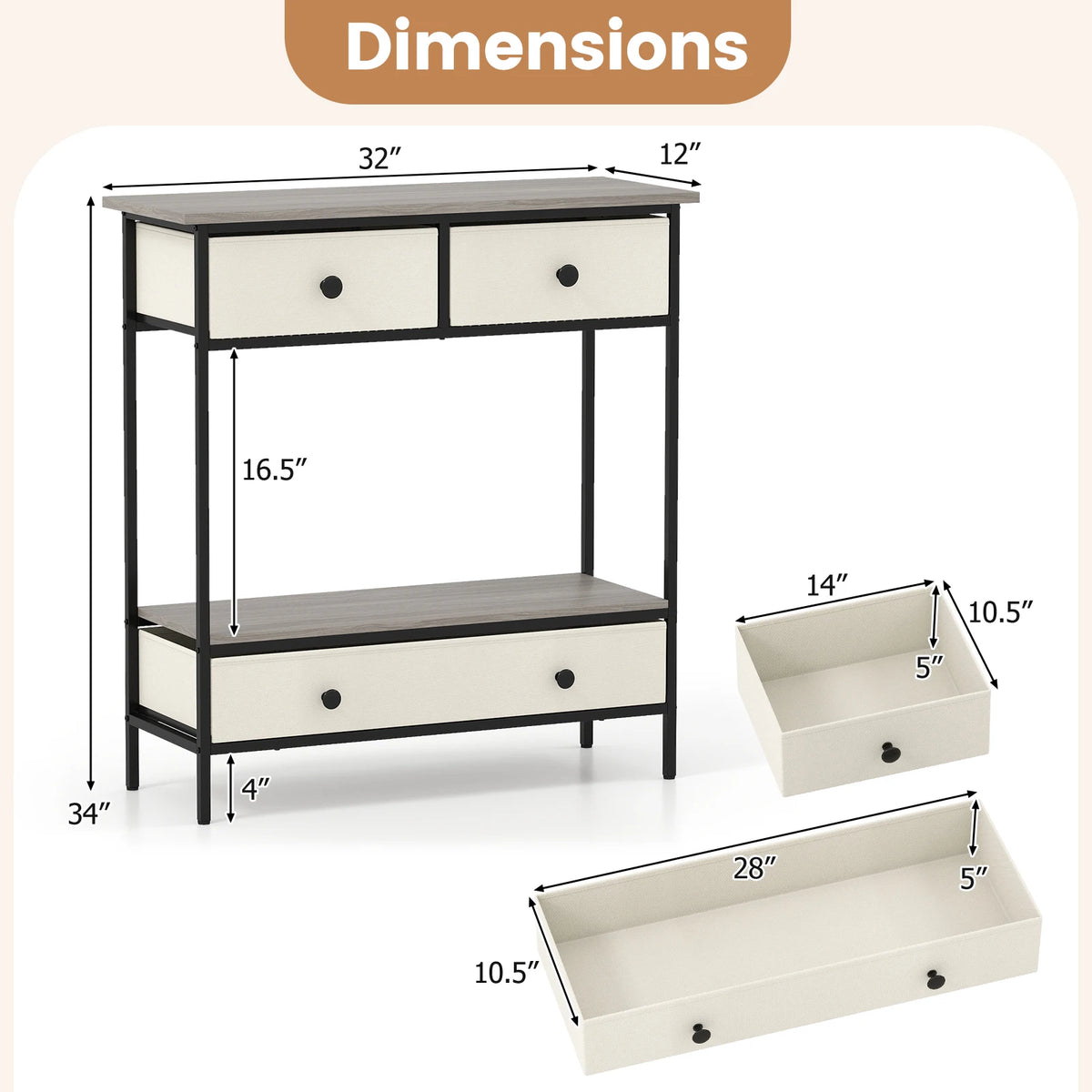 HOMASIS Farmhouse Console Table With Fabric Drawers And Open Shelf