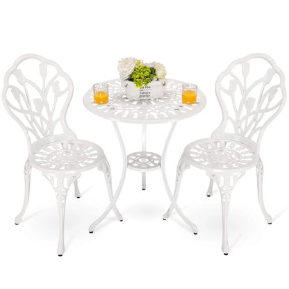 3pc Cast Aluminum Bistro Set, Rose Pattern Outdoor Garden Balcony, Rust &amp; All-Weather Resistant, White, Customized