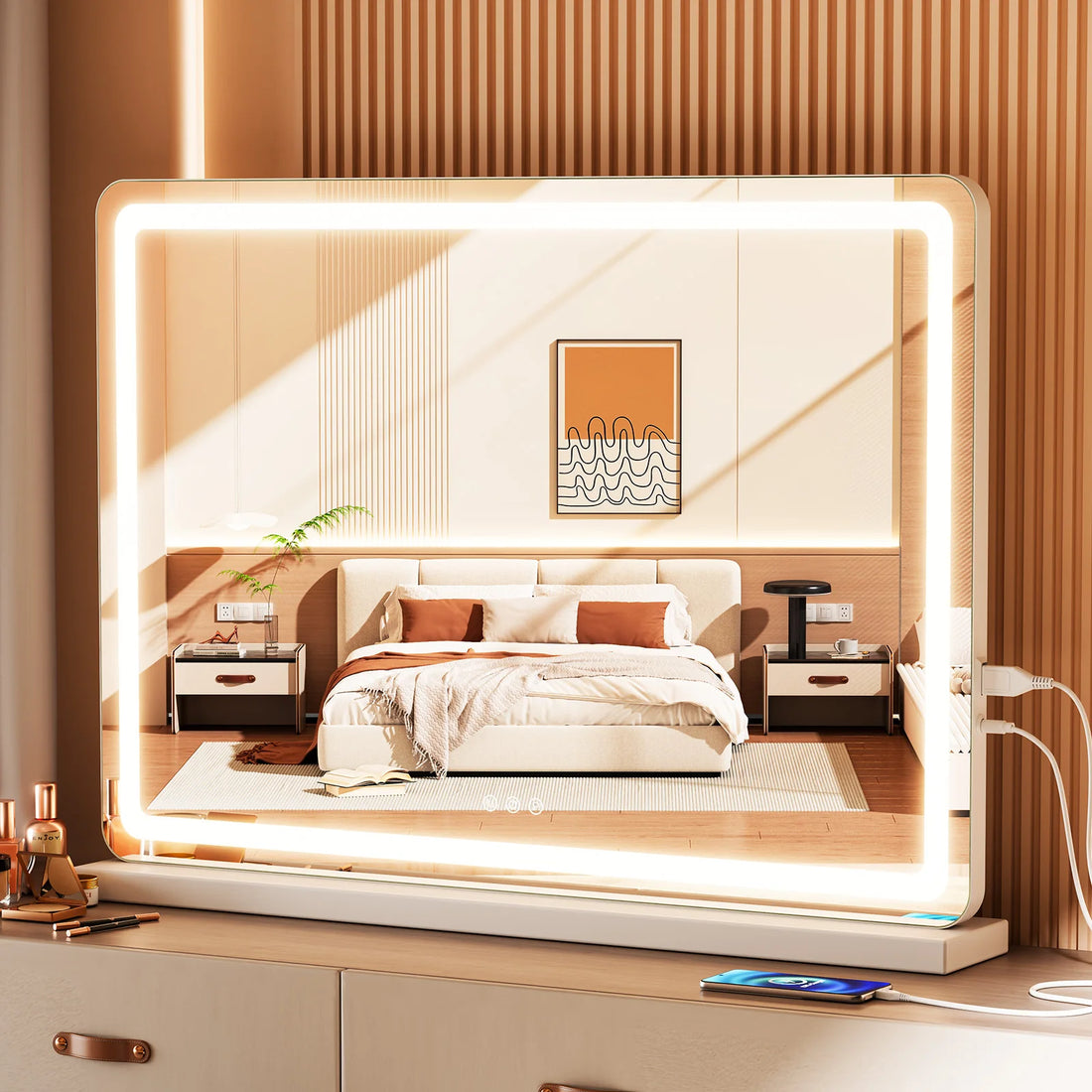 MCQ LED Vanity Mirror With Dimmable Lighting And USB Charging Port