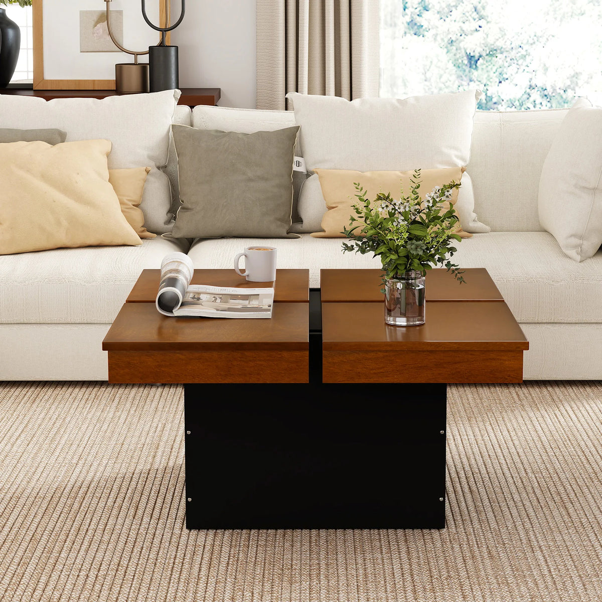 HOMASIS Square Coffee Table With Solid Wood Veneered Split Top