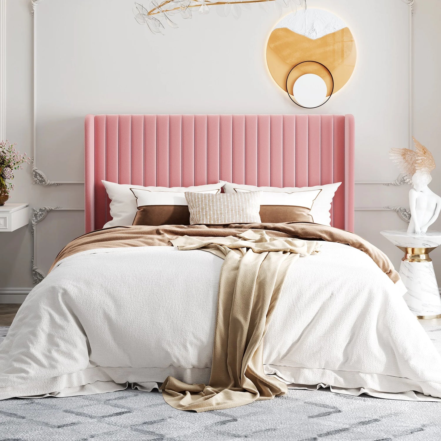 HOOMIC Velvet Upholstered Bed Frame With Wingback Headboard And Slats