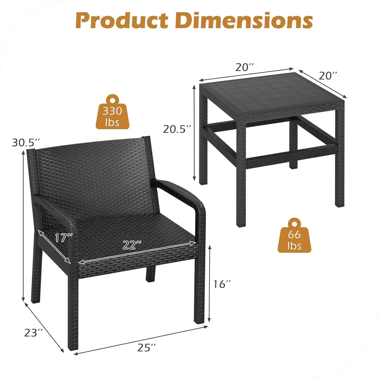 3 Piece Patio Furniture Set, Outdoor PP Rattan Wicker Furniture Set with 2 Modern Rattan Armchair and 25” Squire, Customized