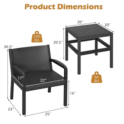 3 Piece Patio Furniture Set, Outdoor PP Rattan Wicker Furniture Set with 2 Modern Rattan Armchair and 25” Squire, Customized