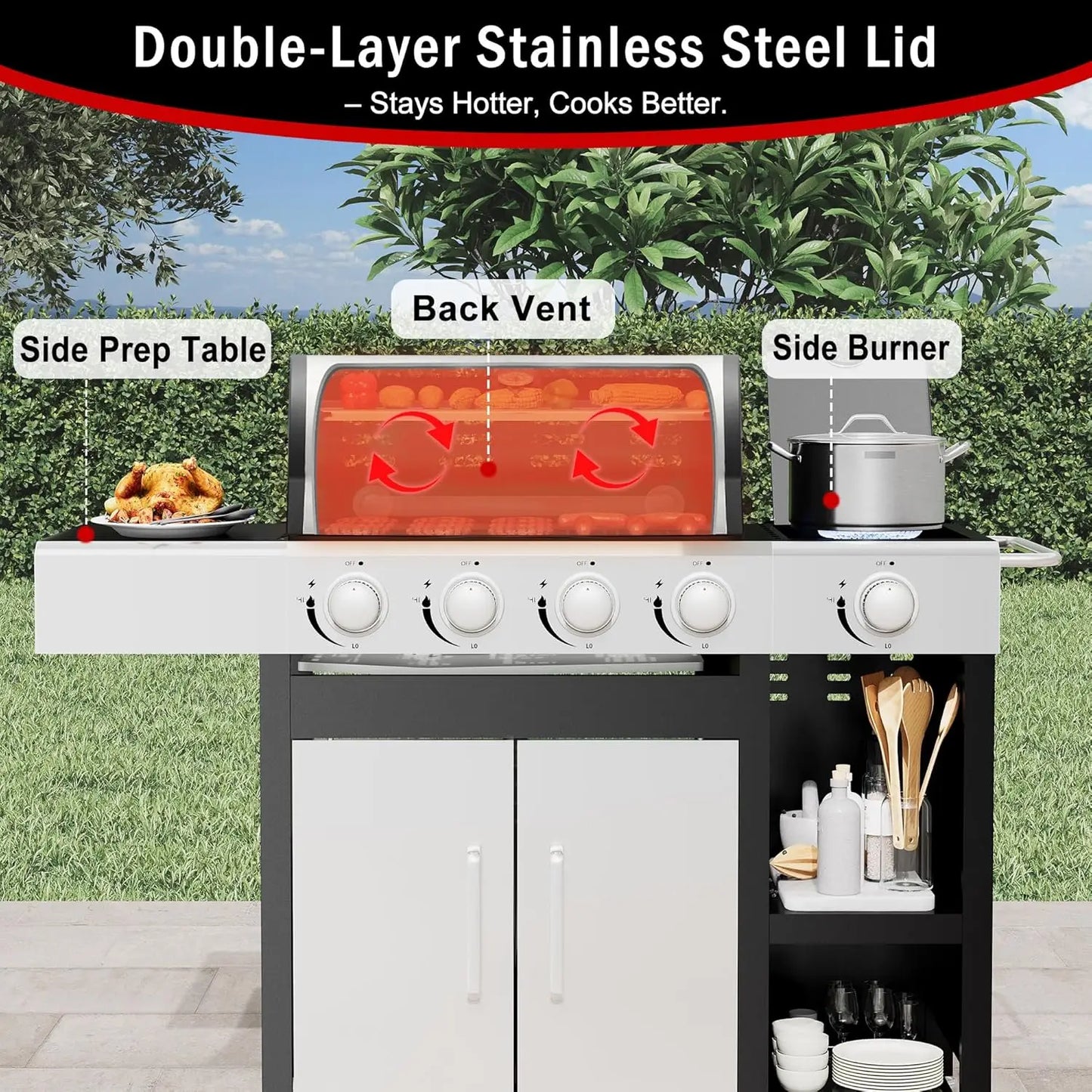 4-Burner Propane Gas Grill with Side Burner- 49,000 BTU Stainless Steel BBQ Grill with Cabinet, Porcelain-Enameled Cast Iron Gra