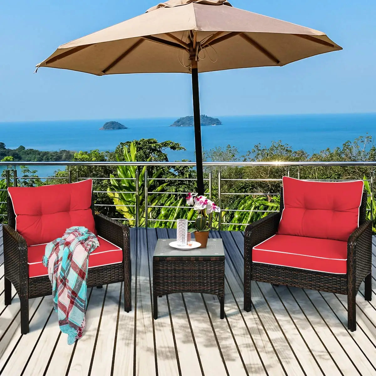 3 Piece Outdoor Patio Furniture Set, Wicker Chairs Set with Glass Top Coffee Table, Thick Cushions, All Weather, Customized