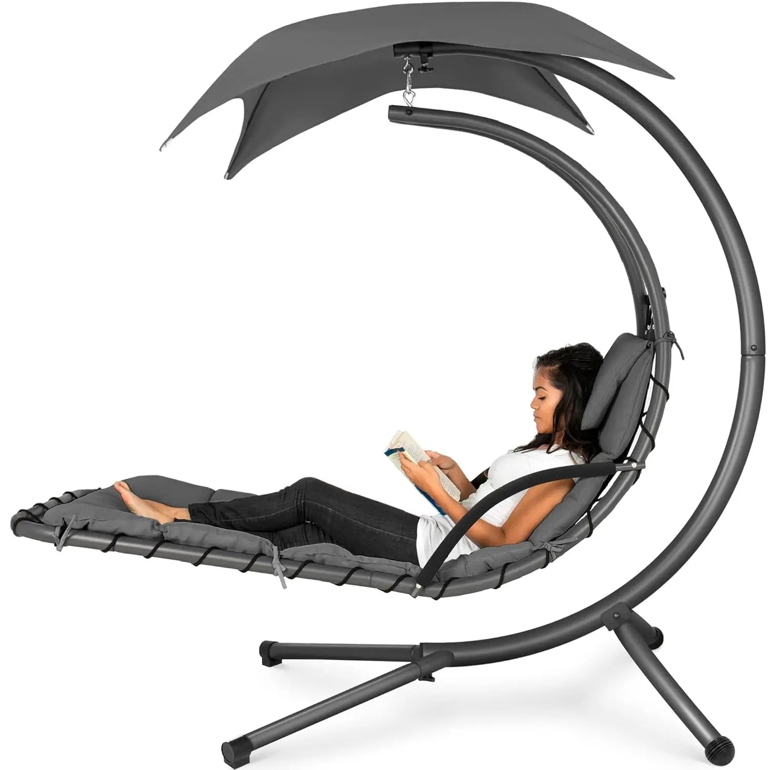 Outdoor Hanging Curved Steel Chaise Lounge Chair Swing w/Built-in Pillow and Removable Canopy - Peacock Blue, Customized