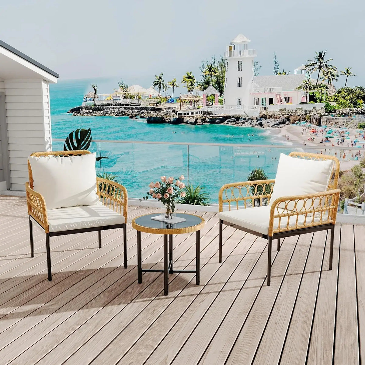 3-Piece All-Weather Boho Wicker Rattan Patio Furniture Set with Sectional Sofa, Metal Frame, and Detachable Cushions - Ideal for Patio, Balcony, Backyard, Deck, and Poolside in Beige