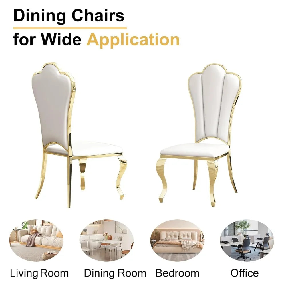 Modern Dining Chair Set of 4, Retro Luxury Leather Dining Room Chairs, Upholstered White Dining Chairs with Gold, Customized