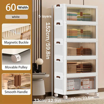 60cm 2/3/4/5 Layers Foldable Storage Cabinet with Wheels for Home Kitchen Bedroom Living Room Clothes Toy Shoes Storage Box