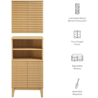 Render Oak Bathroom Cabinet Set – Freestanding Linen Unit + Wall-Mounted Storage Unit with Slatted Front Panels, Adjustable Inte