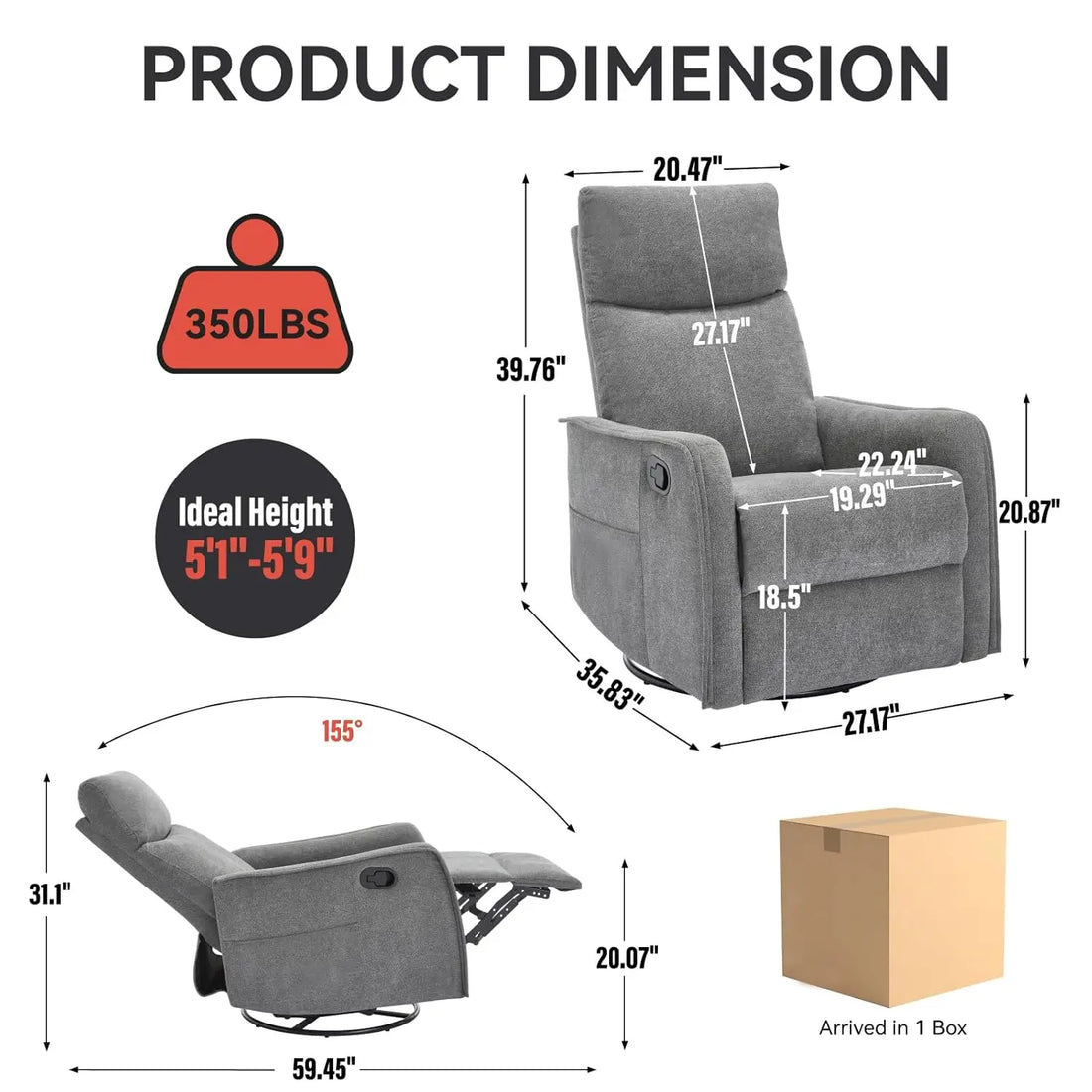 Heat Massage Manual Recliner Chair with Rocker &amp; 360° Swivel, Fabric Upholstered Reclining Armchair with Lumbar, Customized