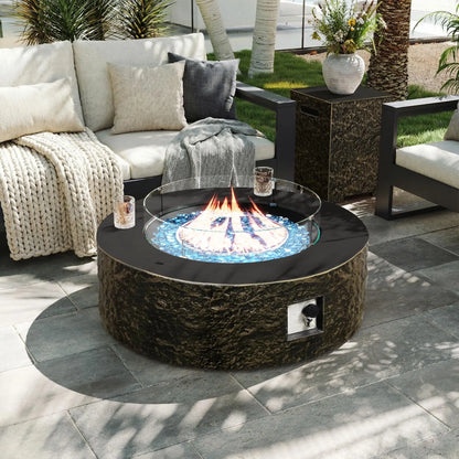 42-inch Outdoor Propane Gas Fire Pit Table 50000 BTU Concrete Round FirePit for Outside Patio with Propane Tank Cover, Wind Guad