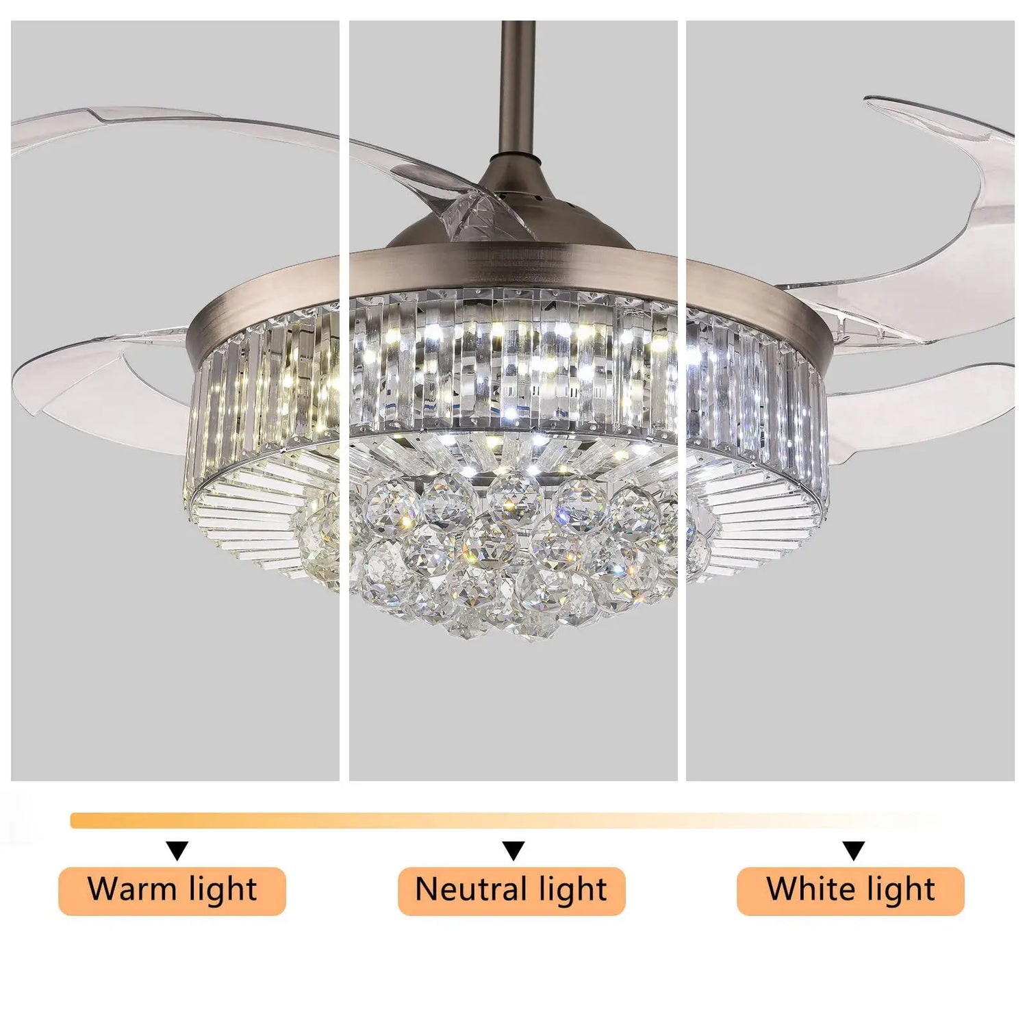 Oukaning Modern Dimmable Crystal Ceiling Fan with Lights Remote Invisible Retractable Chandelier Fandelier Light Led Lighting-Po
