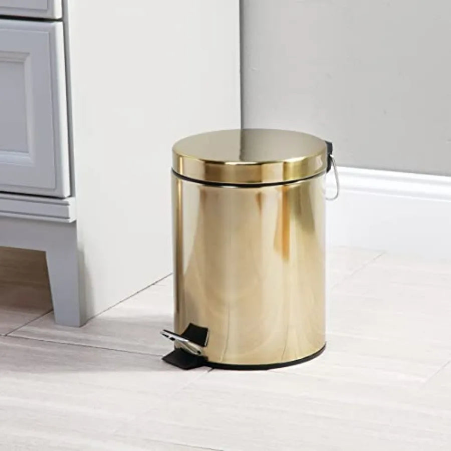 Metal Steel/Plastic Toilet Bowl Brush Holder and Round 1.3 Gallon 5L Step Trash Can Combo Set for Bathroom with Brass Finish fo