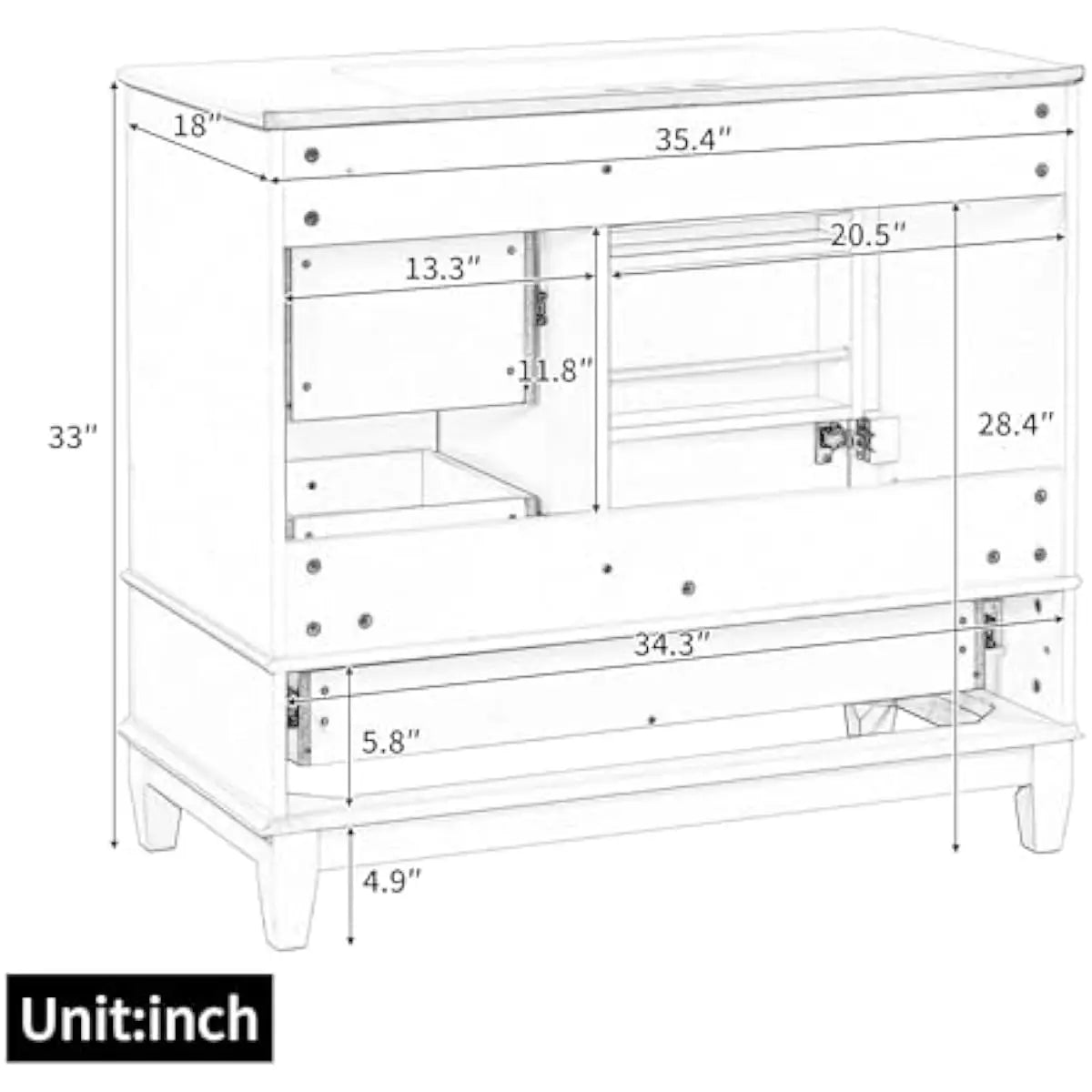 36 inch freestanding bathroom vanity with integrated ceramic sink, solid pine frame and MDF doors, three graduated drawers plus