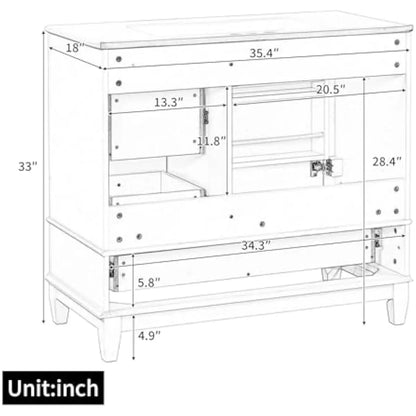 36 inch freestanding bathroom vanity with integrated ceramic sink, solid pine frame and MDF doors, three graduated drawers plus