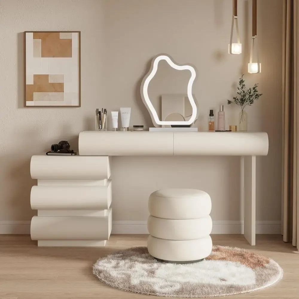 Elegant Makeup Vanity Desk with Illuminated Mirror and Storage, Leather-Clad 5-Drawer Set with Stool, 39.4in White