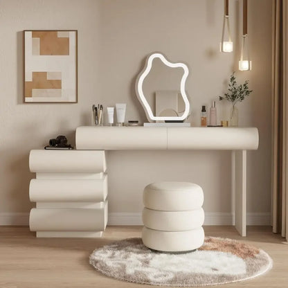 Elegant Makeup Vanity Desk with Illuminated Mirror and Storage, Leather-Clad 5-Drawer Set with Stool, 39.4in White