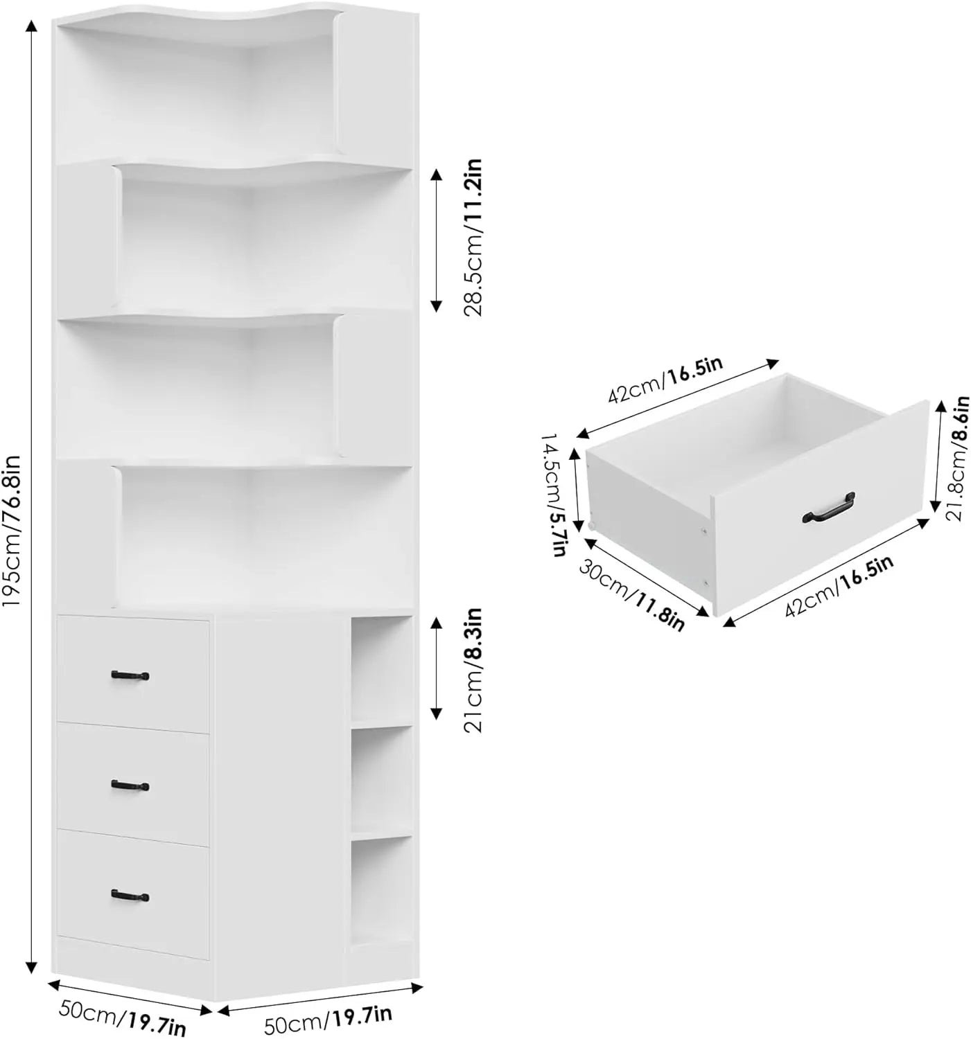 L-Shaped Corner Bookshelf with Drawers and Cubbies, 4-Tier Tall Bookcase for Living Room or Office, White