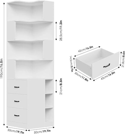 L-Shaped Corner Bookshelf with Drawers and Cubbies, 4-Tier Tall Bookcase for Living Room or Office, White