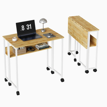 HOSSLLY Folding Computer Desk With Wheels And Storage Shelf