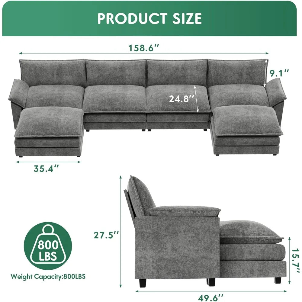 Sectional Modular Sofa U Shaped Chenille Fabric Couch with High Supportive &amp; Soft Sponges and Removable Ottoman, Sleeper Comfy