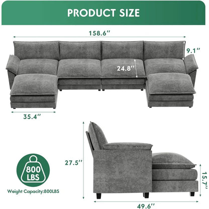 Sectional Modular Sofa U Shaped Chenille Fabric Couch with High Supportive &amp; Soft Sponges and Removable Ottoman, Sleeper Comfy