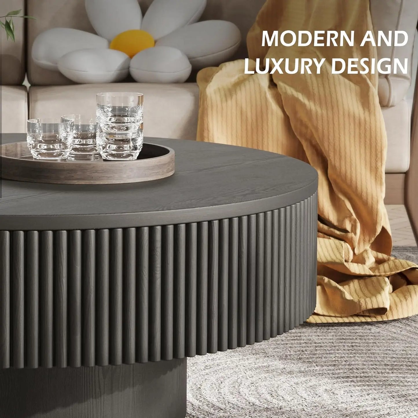 31.5” Round Fluted Coffee Table, Modern Wood Circle Coffee Table, Veneer Handcrafted Relief Tea Table with Sturdy Pedestal for L