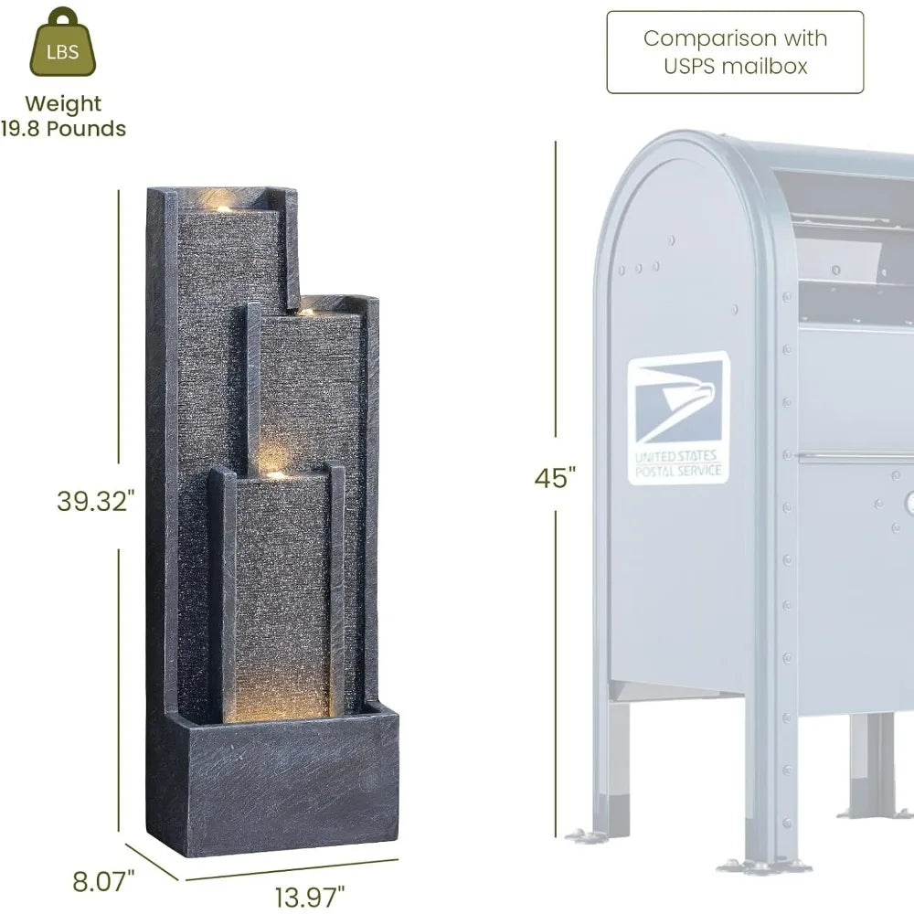 Modern Outdoor Water Fountain with Lights&Pump, Cascading Waterfall Feature Outdoor, Resin Standing Garden Fountain for Landscap