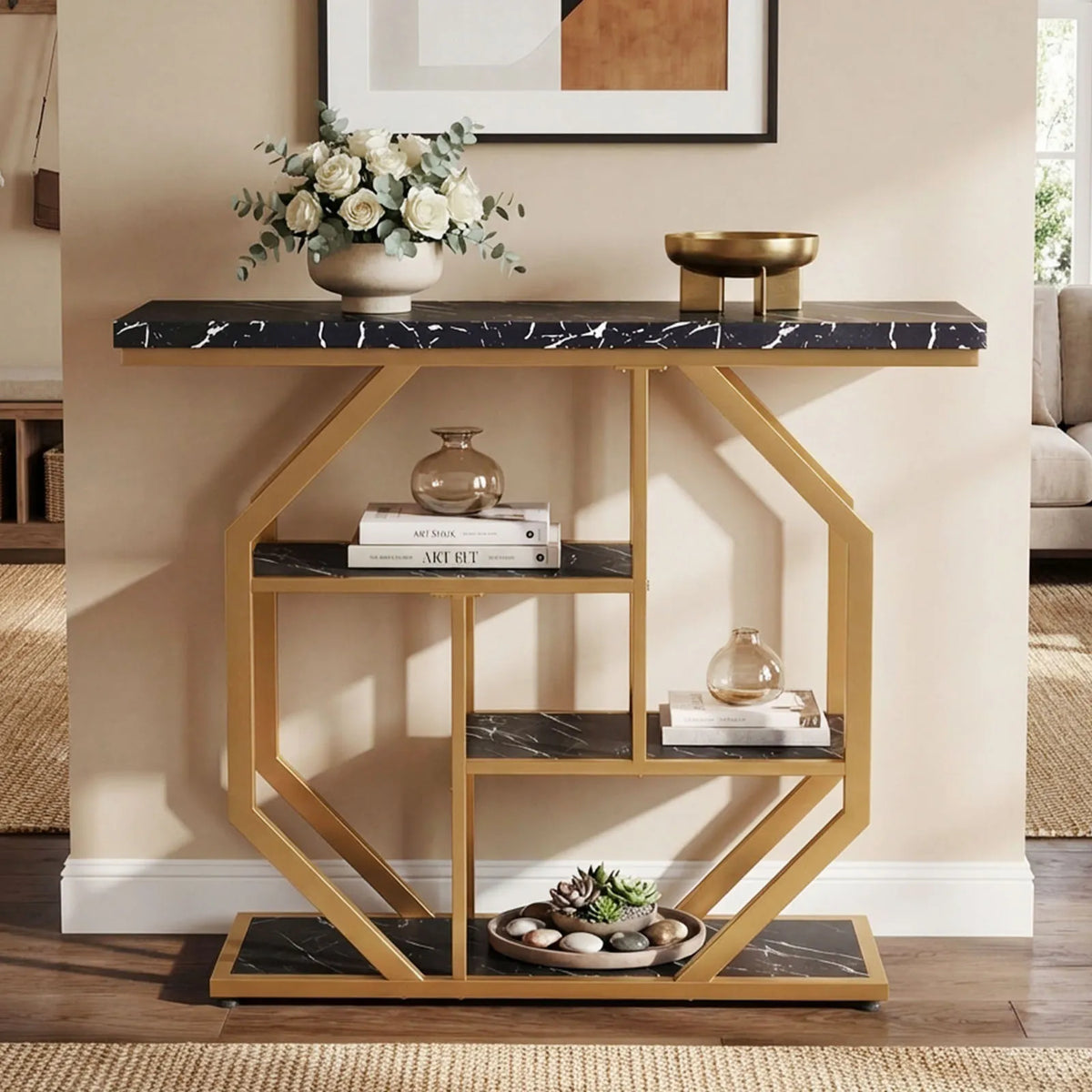 HOMASIS Console Table With Storage Shelves And Geometric Metal Frame