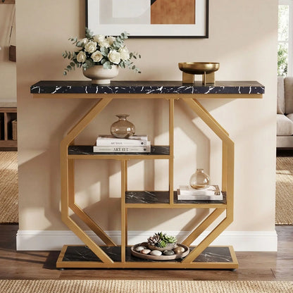 HOMASIS Console Table With Storage Shelves And Geometric Metal Frame