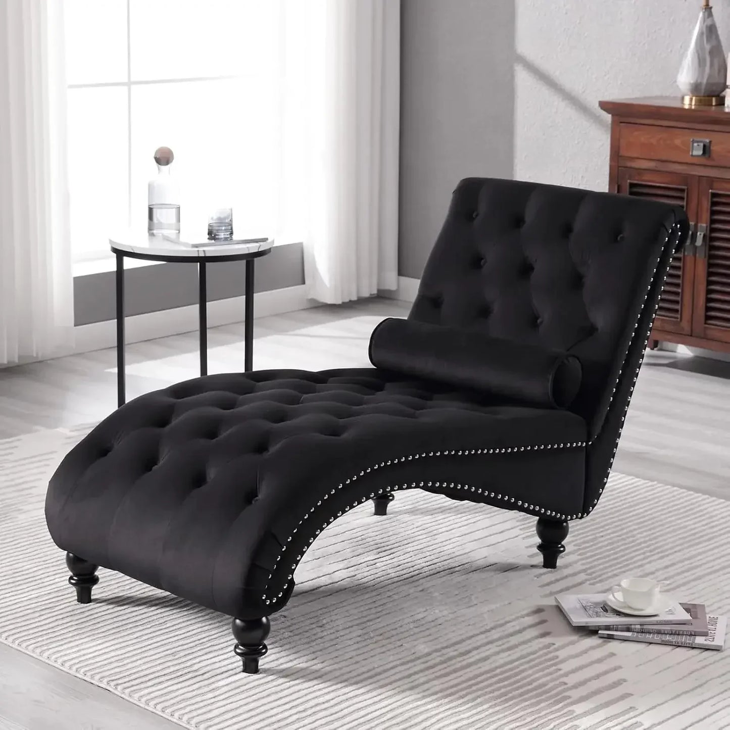 HUANZHUANG Velvet Chaise Lounge Modern Upholstered Chair With Pillow